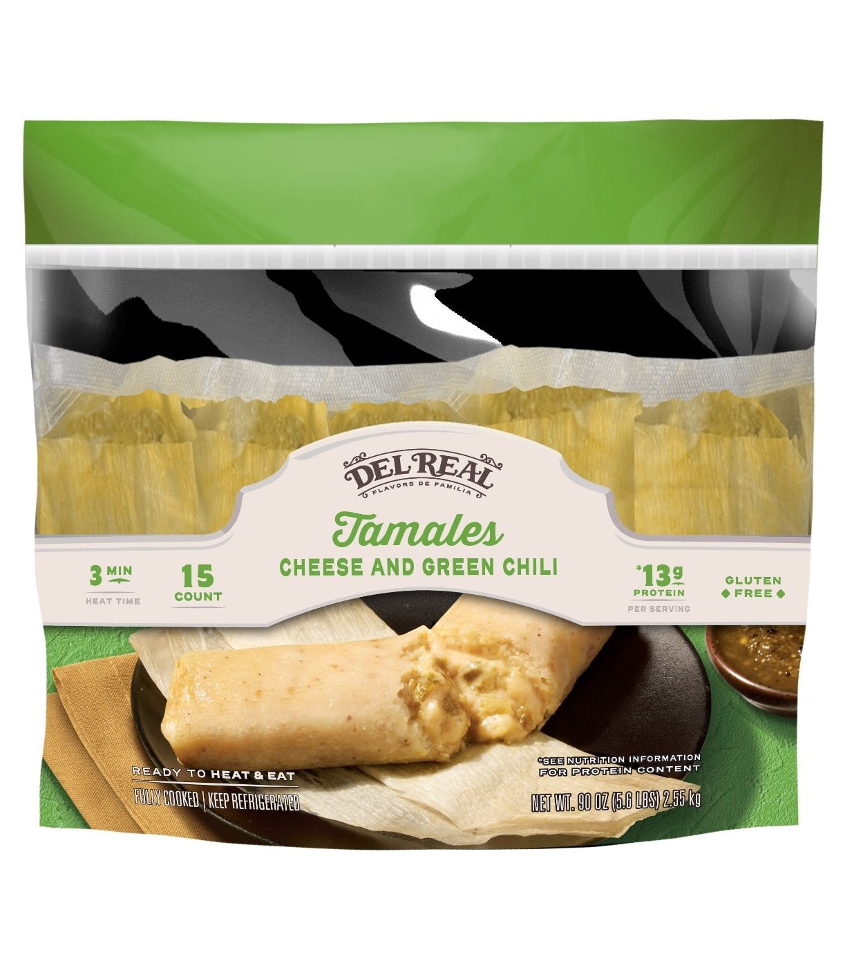 Del Real Foods Cheese & Green Chili Tamales, 15-count