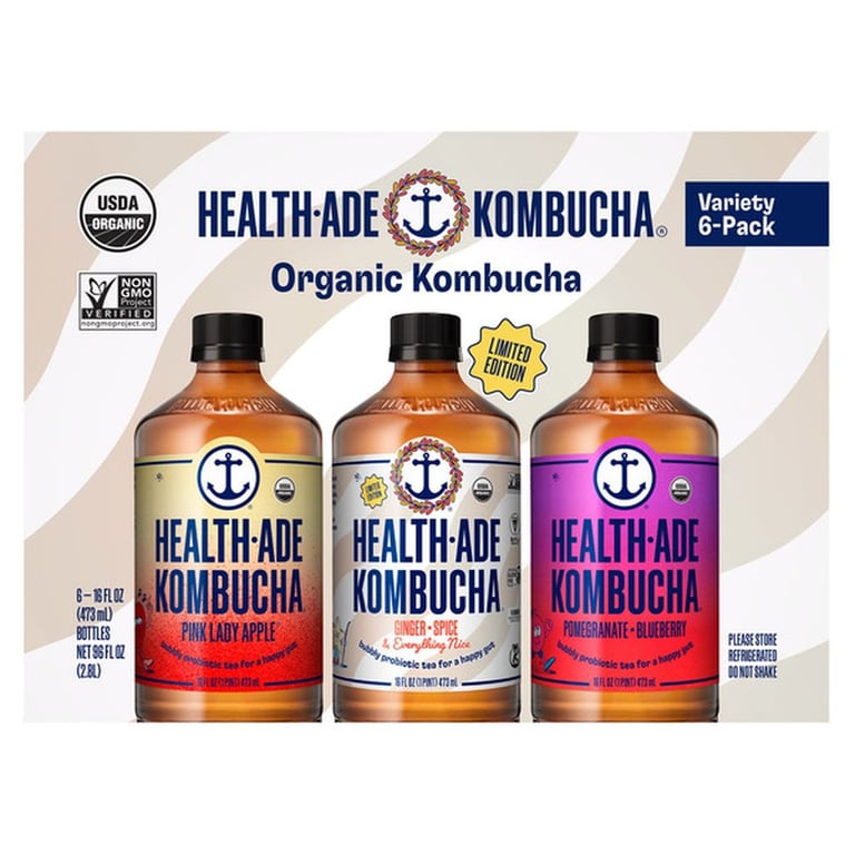 Organic Health Ade Kombucha Holiday pack 6 pack 16 ounces each