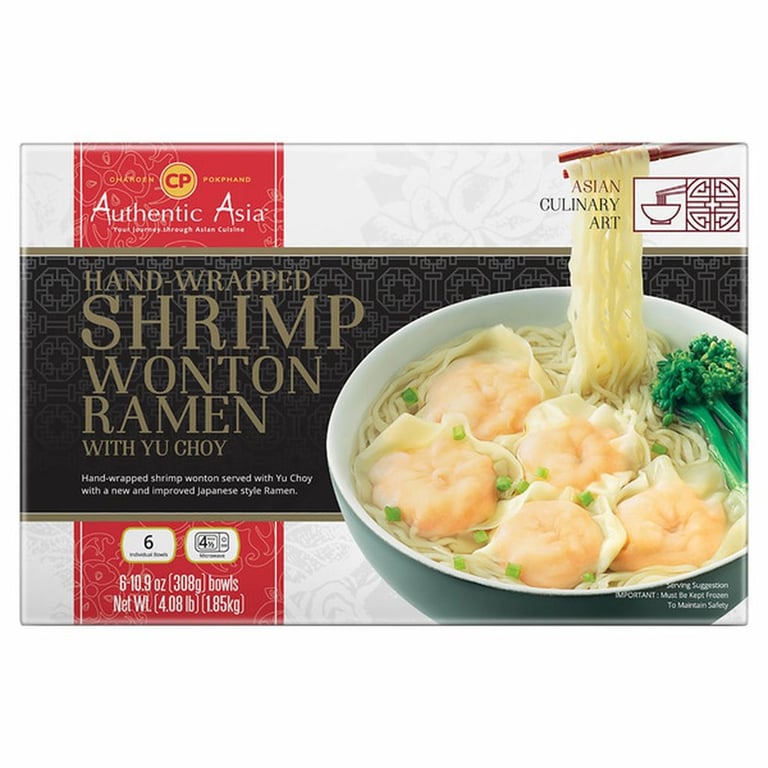 Charoen Pokphand Hand-Wrapped Shrimp Wonton Ramen WIth Yu Choy, 10.9 oz, 6-count