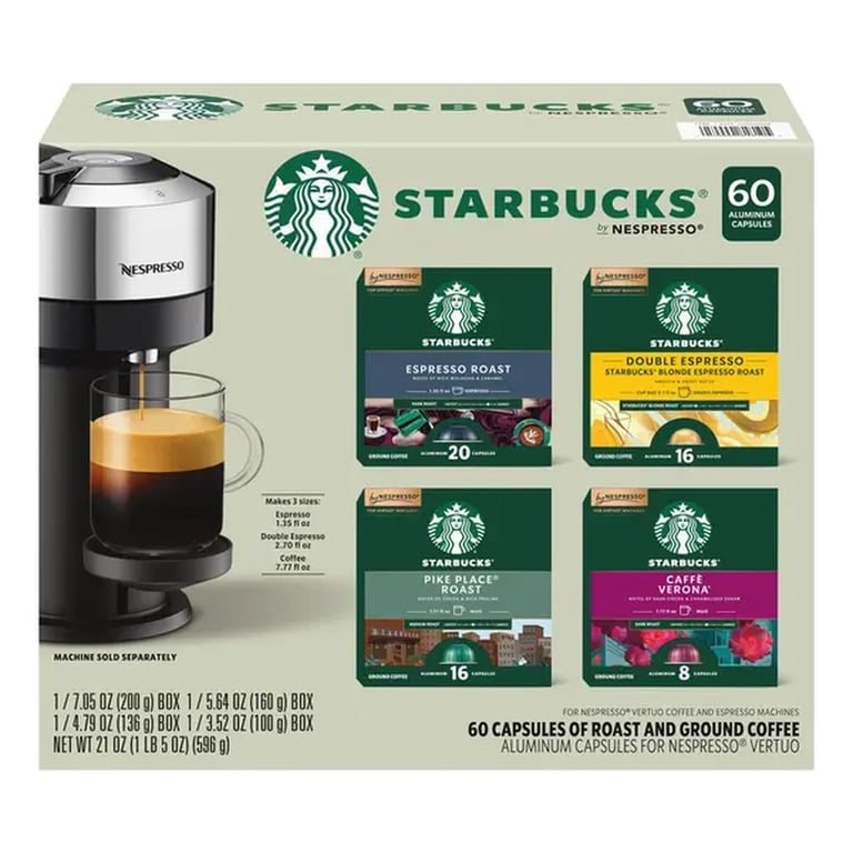 Starbucks Coffee and Espresso Capsules for Nespresso Vertuo Machines 60-count Variety Pack, 100%