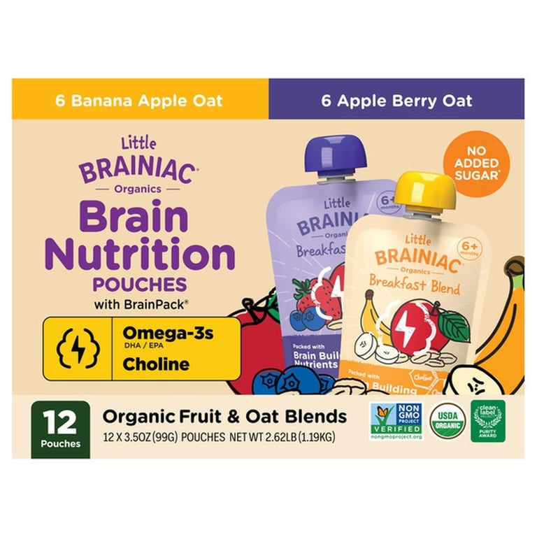 Little Brainiac Organics Brain Nutrition Pouches, 3.5 oz, 12-count