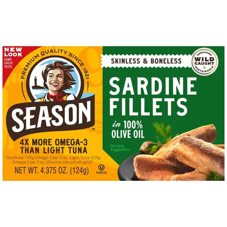Season Sardine Fillets In 100% Olive Oil, Wild Caught, Skinless & Boneless, 4.375 oz, 6-Count